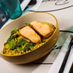 Grilled chicken breast, corn risotto, pesto